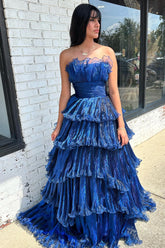 Navy Prom Dress A Line Tiered Strapless Organza Long Evening Dress