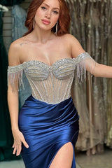 Navy Prom Dress Beaded Mermaid Off The Shoulder Long Formal Dress With Tassels