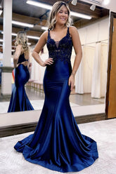 Navy Prom Dress Beaded Open Back Mermaid Long Evening Dress