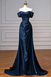 Navy Prom Dress Blue Off The Shoulder Formal Dress with Detachable Train