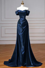 Navy Prom Dress Blue Off The Shoulder Formal Dress with Detachable Train