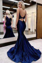 Navy Prom Dress Lace Mermaid Satin Long Formal Dress