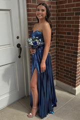 Navy Prom Dress Mermaid Sweetheart Metallic Pleated Long Formal Dress With Slit
