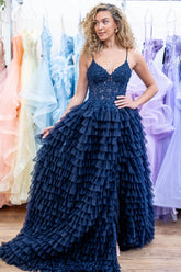 Navy Prom Dress Ruffled Corset Long Evening Dress with Slit