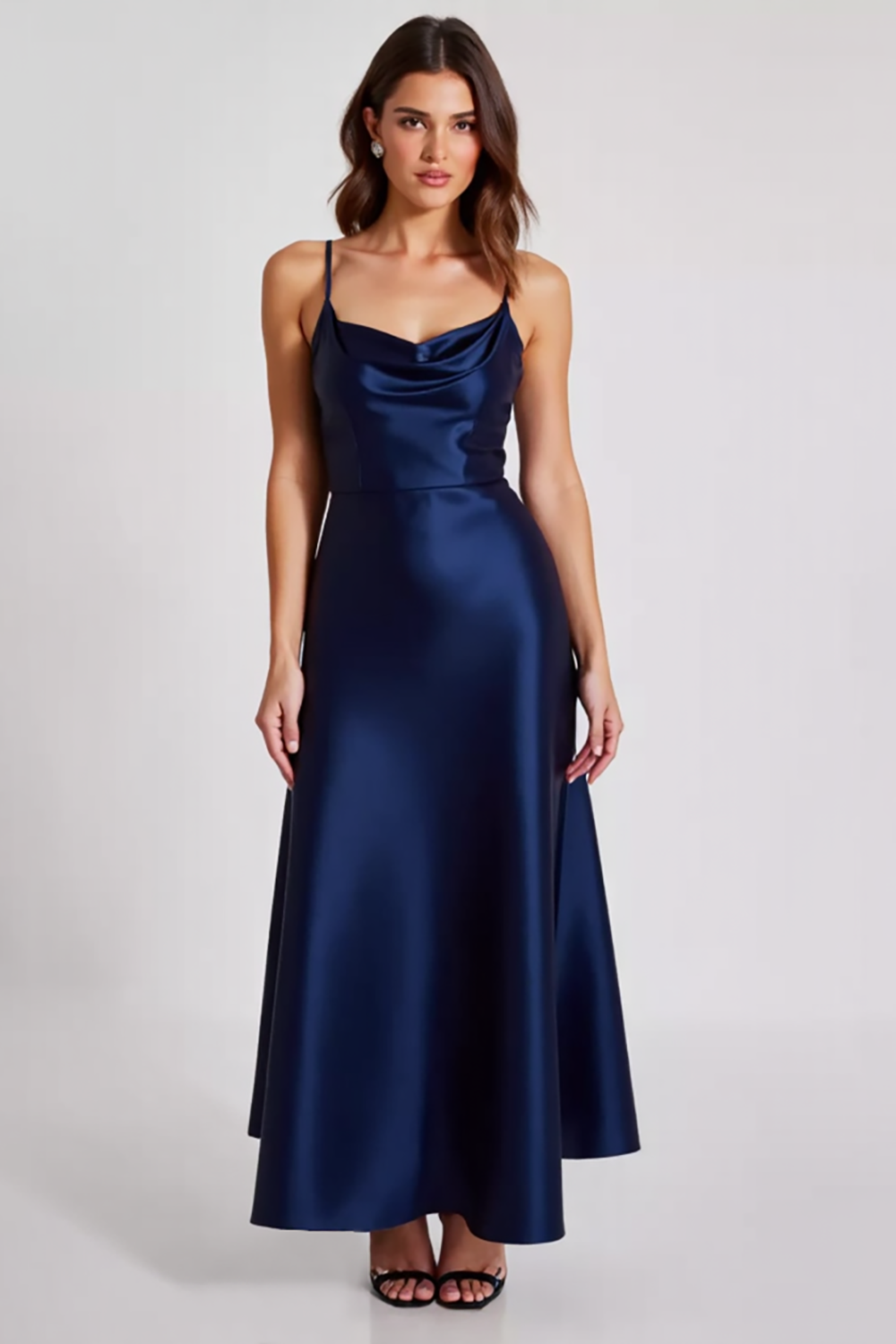 Navy Prom Dress Satin A Line Spaghetti Straps Long Formal Dress