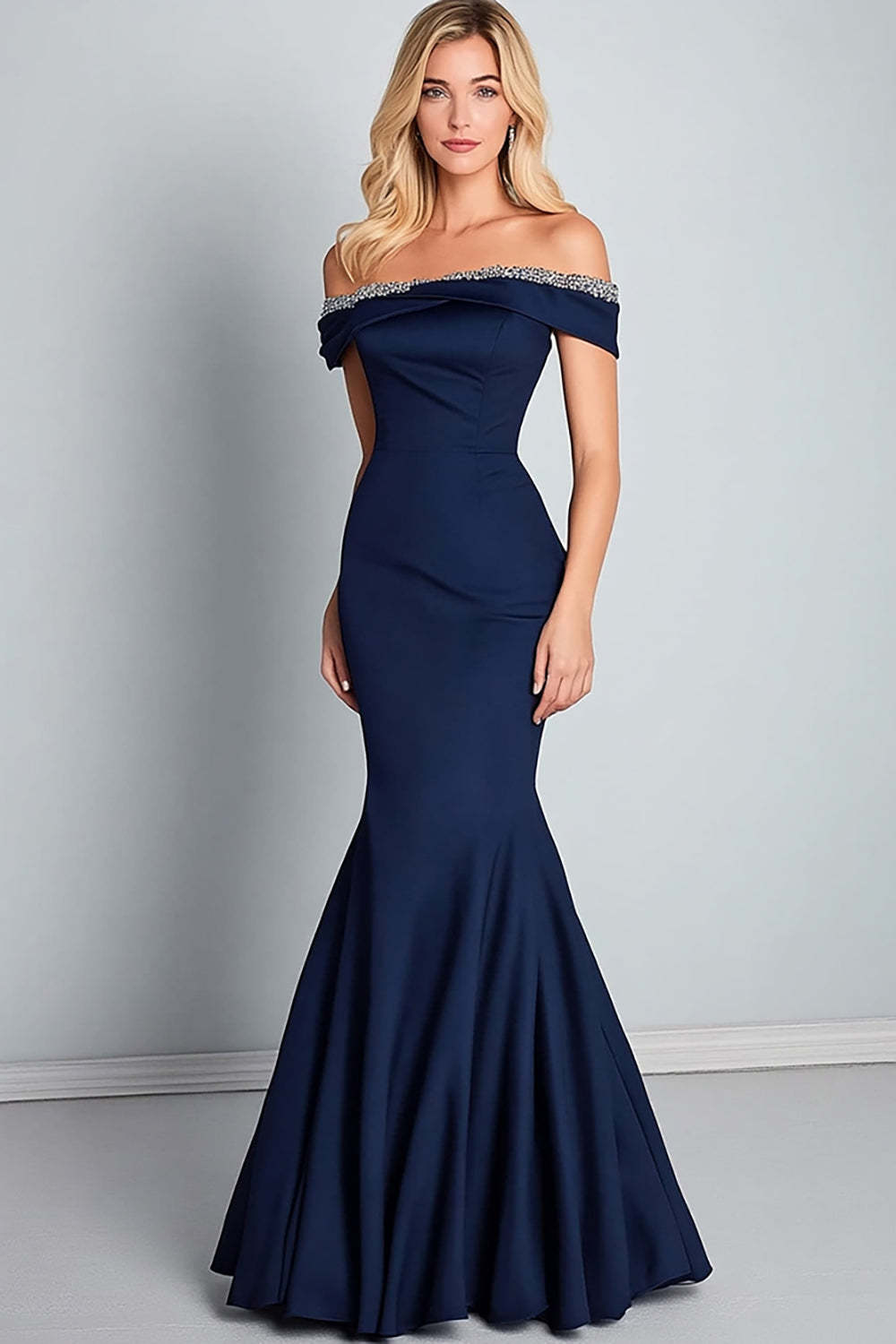 Navy Prom Dress Satin Off The Shoulder Long Mermaid Formal Dress With Beading