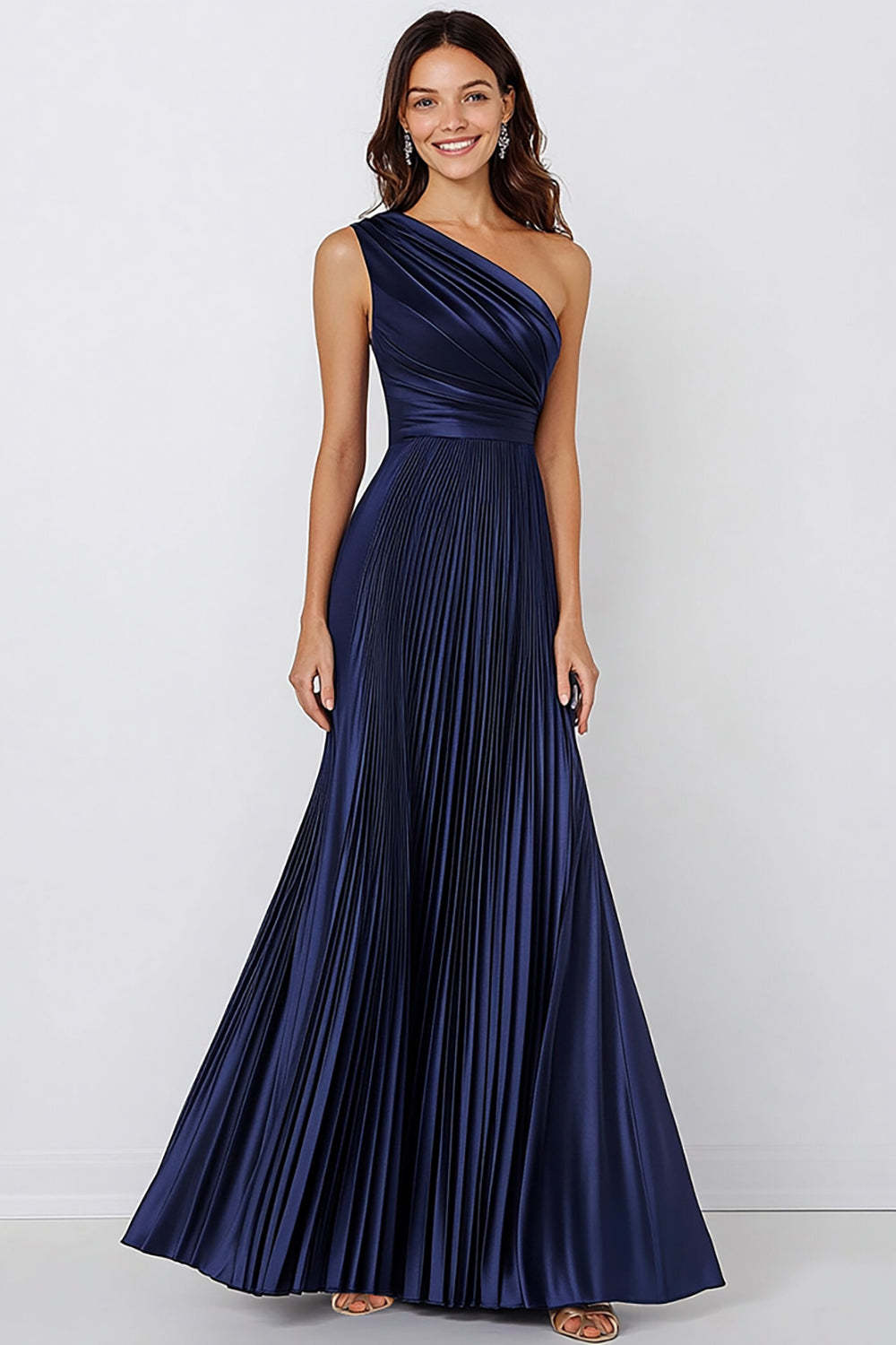 Navy Prom Dress Satin One Shoulder Long Pleated Mermaid Formal Dress