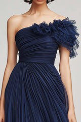 Navy Prom Dress Tulle One Shoulder Long A Line Formal Dress With Ruffles