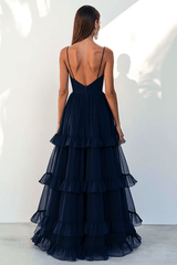 Navy Formal Dress Tulle Spaghetti Straps Tiered A Line Long Wedding Guest Dress