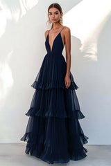 Navy Prom Dress Tulle Spaghetti Straps Tiered A Line Long Formal Dress