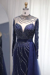 Navy Sheath/Column Prom Dress Long Sleeve High Neck Beaded Formal Dress