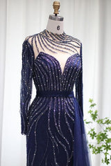 Navy Sheath/Column Prom Dress Long Sleeve High Neck Beaded Formal Dress
