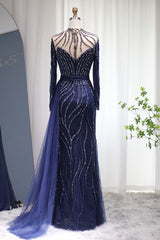 Navy Sheath/Column Prom Dress Long Sleeve High Neck Beaded Formal Dress