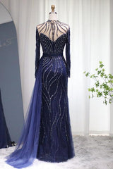 Navy Sheath/Column Prom Dress Long Sleeve High Neck Beaded Formal Dress