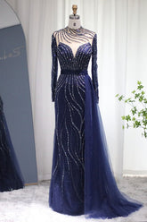 Navy Sheath/Column Prom Dress Long Sleeve High Neck Beaded Formal Dress
