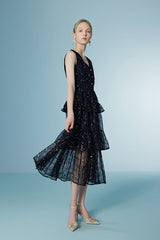 Navy Tiered V Neck Sleeveless Casual Dress