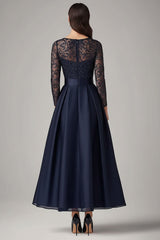 Dreamyannie Navy Wedding Guest Dress Beaded A Line Long Sleeves Formal Dress With Lace