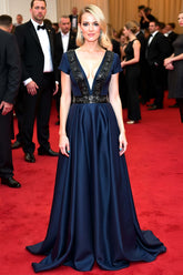 Navy Wedding Guest Dress Beaded A Line V-Neck Long Gala Dress