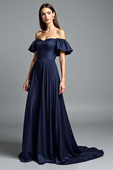 Navy Wedding Guest Dress Beaded Halter A Line Long Formal Dress