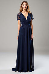 Navy Wedding Guest Dress Chiffon Deep V-Neck Long Formal Dress