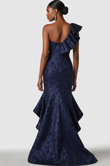 Dreamyannie Navy Wedding Guest Dress One Shoulder Mermaid Long Formal Dress With Ruffles