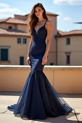 Navy Wedding Guest Dress Spaghetti Straps Long Prom Dress With Lace