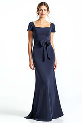 Navy Wedding Guest Dress Square Neck Long Formal Dress With Bowknot