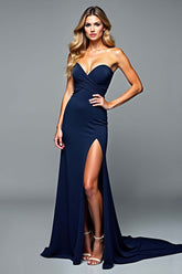 Navy Wedding Guest Dress Sweetheart Long Formal Dress With Slit