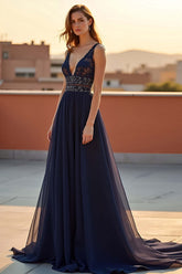 Navy Wedding Guest Dress Tulle A Line V-Neck Long Formal Dress