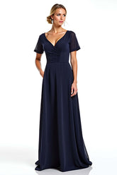 Navy Wedding Guest Dress V-Neck Long Chiffon Formal Dress