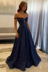 Navy Prom Dress Off The Shoulder A Line Long Lace Formal Dress