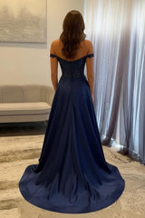 Navy Satin Prom Dress Off The Shoulder A Line Long Lace Formal Dress