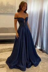 Navy Satin Prom Dress Off The Shoulder A Line Long Lace Formal Dress