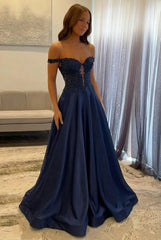 Navy Satin Prom Dress Off The Shoulder A Line Long Lace Formal Dress
