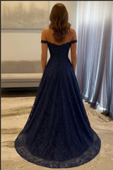 Navy Prom Dress Off The Shoulder A Line Long Lace Formal Dress