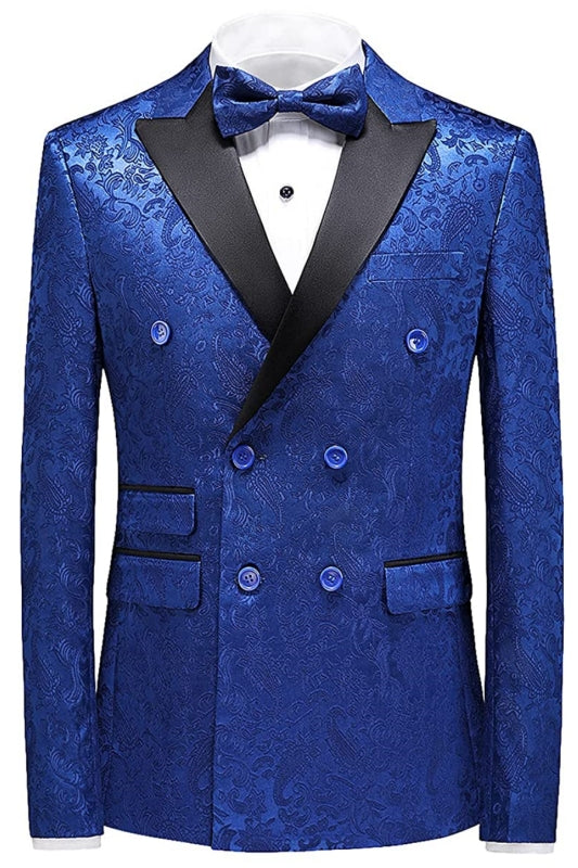 Newest Blue Jacquard Double Breasted 3 Piece Prom Suit