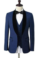 Newest Dark Blue Shawl Lapel 3 Piece Striped Wedding Suit