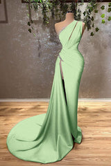 Ocean Blue One Shoulder Mermaid Long Evening Dress with Split