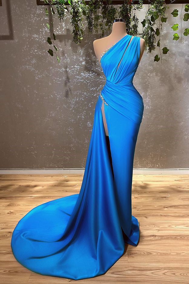 Ocean Blue One Shoulder Mermaid Long Evening Dress with Split