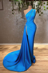 Ocean Blue One Shoulder Mermaid Long Evening Dress with Split