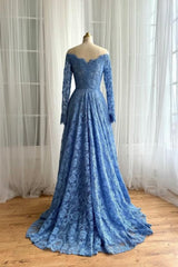 Ocean Blue Prom Dress A Line Off The Shoulder Sleeve Lace Formal Dress With Slit