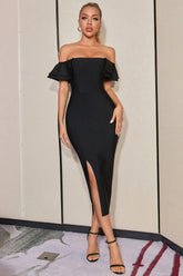 Off Shoulder Black Homecoming Dress Party Dress with Slit