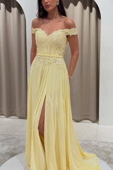 Off Shoulder Chiffon A Line Prom Dress with Lace Bodice and Side Slit