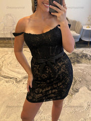 Off-Shoulder Lace Bodycon Homecoming Dress with Bow