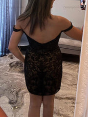 Off-Shoulder Lace Bodycon Homecoming Dress with Bow