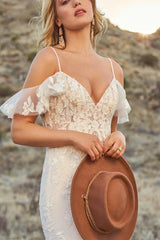 Off Shoulder Lace Trumpet/Mermaid Wedding Dress Open Back Sweep Train