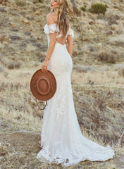 Off Shoulder Lace Trumpet/Mermaid Wedding Dress Open Back Sweep Train