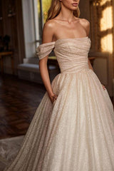Off Shoulder Sequined Court Train Wedding Dress