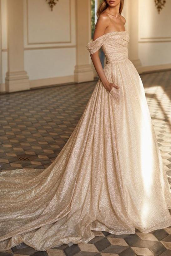 Off Shoulder Sequined Court Train Wedding Dress