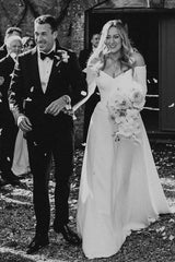 Off The Shoulder A Line Elastic Satin Wedding Dress with Long Sleeves